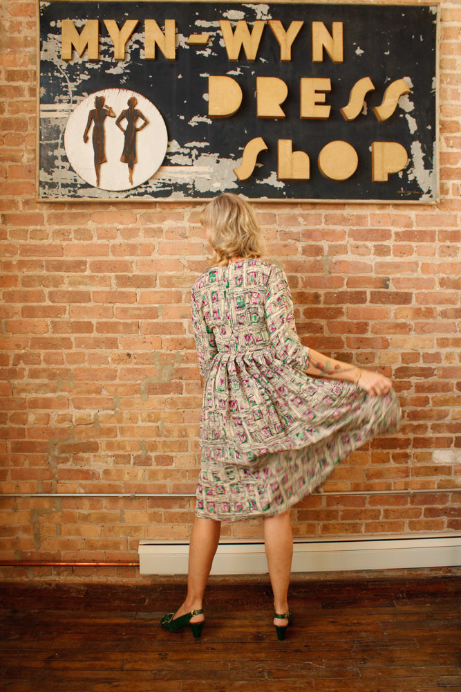 1950s Abstract Parisian Print Silk Dress - Small 