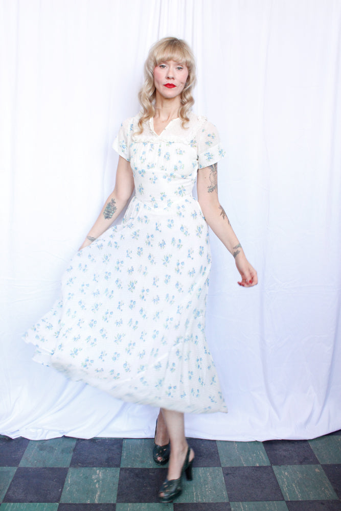 1930s Swiss Dot Floral Cotton Gown - Xsmall 