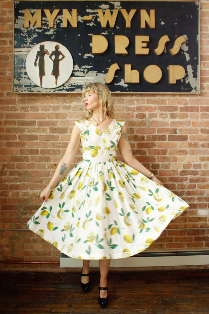1950s Italian Getaway Lemon Print Dress - Small 