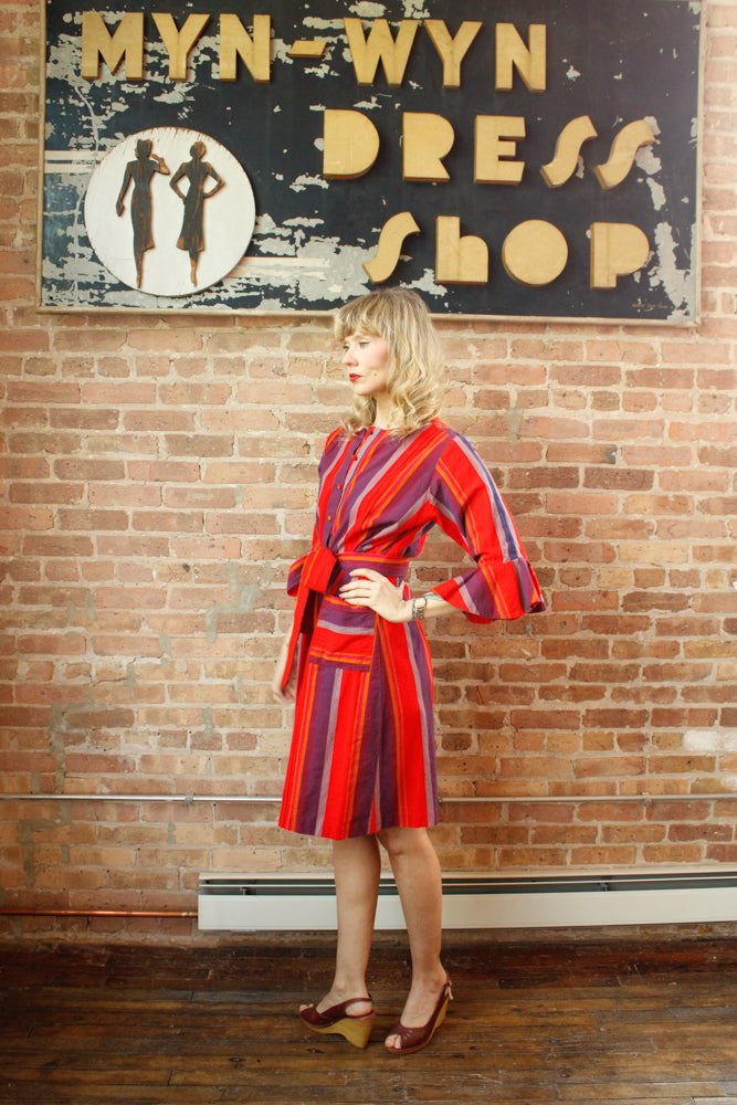 1970s Guatemalan Cotton Bright Red and Purple Stripe Dress - M/L