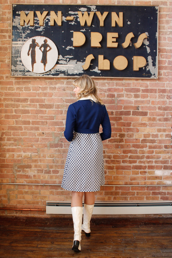 1960s Navy & White Polyester Mod Dress - Medium