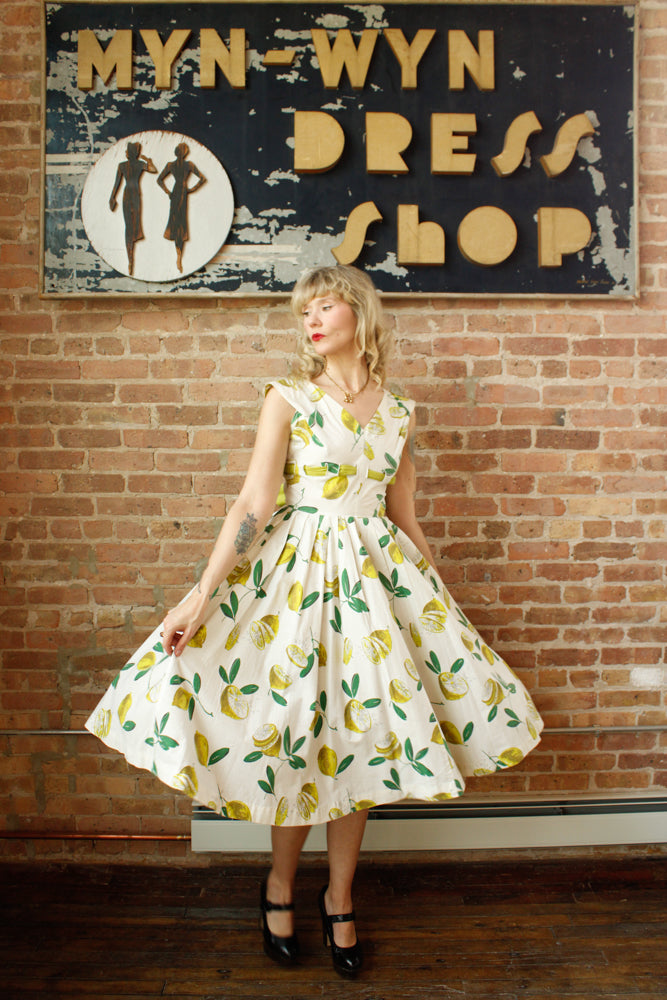 1950s Italian Getaway Lemon Print Dress - Small 