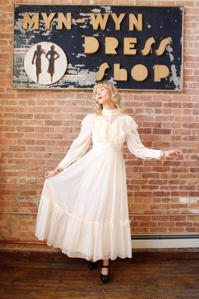 1970s Victorian Revival Candi Jones Ivory Gown - XXS