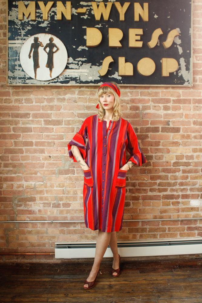1970s Guatemalan Cotton Bright Red and Purple Stripe Dress - M/L