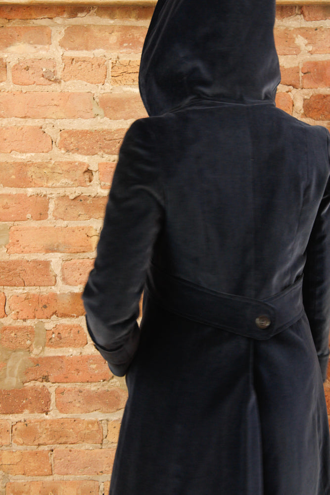 1970s Blue Hooded Cotton Velvet Coat - Medium