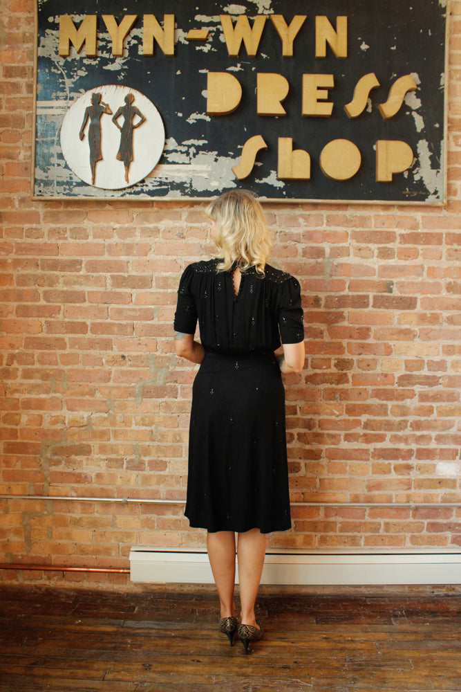 1940s Black Rayon Studded Dress - Medium