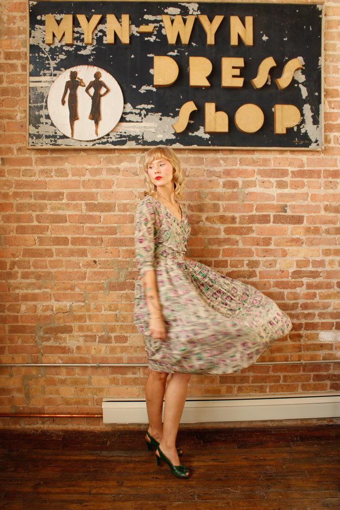 1950s Abstract Parisian Print Silk Dress - Small 