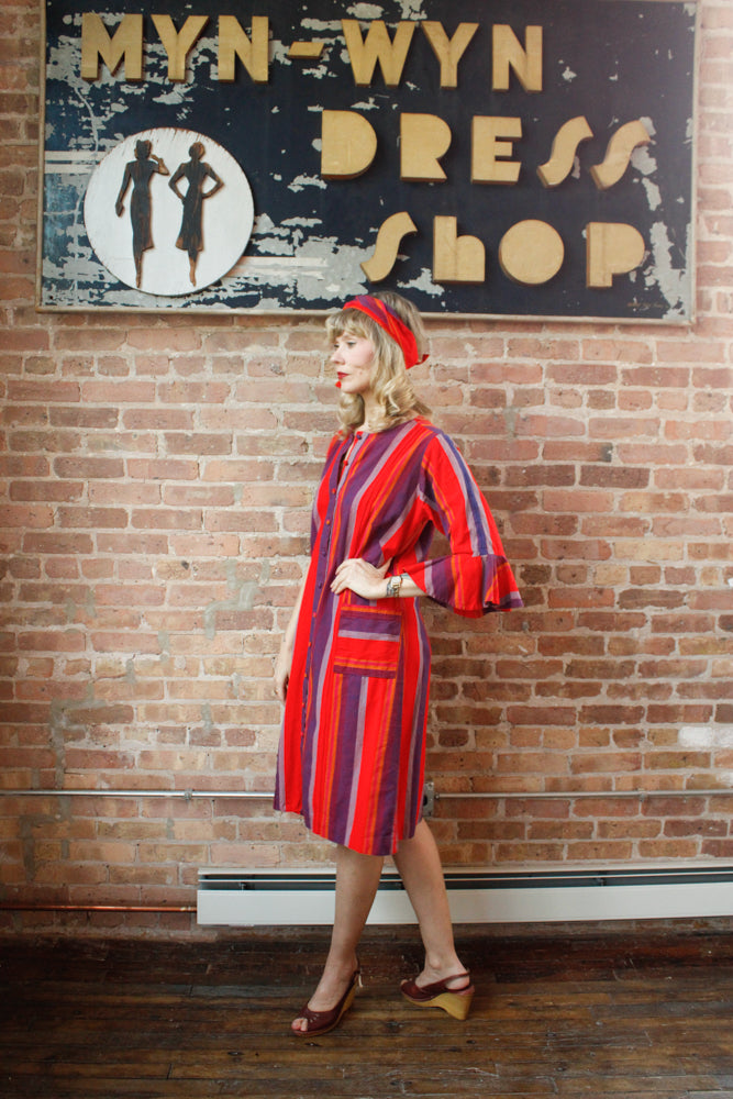 1970s Guatemalan Cotton Bright Red and Purple Stripe Dress - M/L