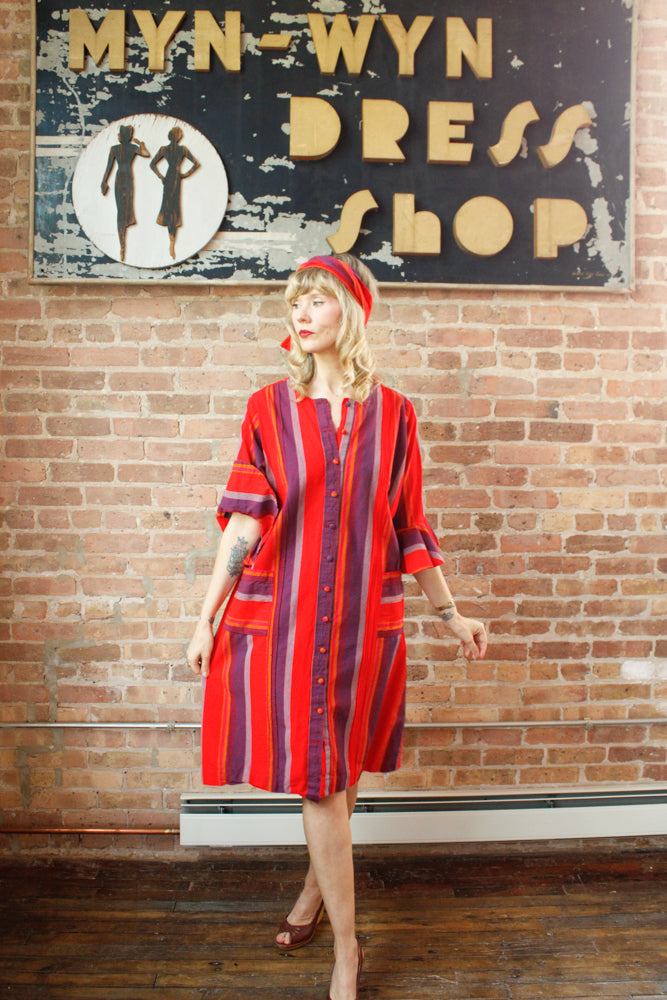 1970s Guatemalan Cotton Bright Red and Purple Stripe Dress - M/L