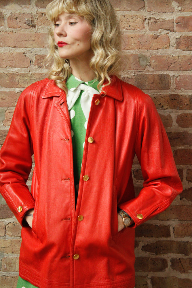 1960s Bonnie Cashin Sills Red Orange Leather Car Coat - Medium
