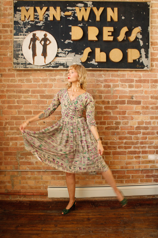 1950s Abstract Parisian Print Silk Dress - Small 