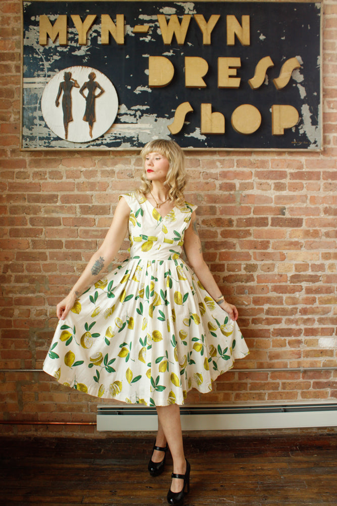 1950s Italian Getaway Lemon Print Dress - Small 