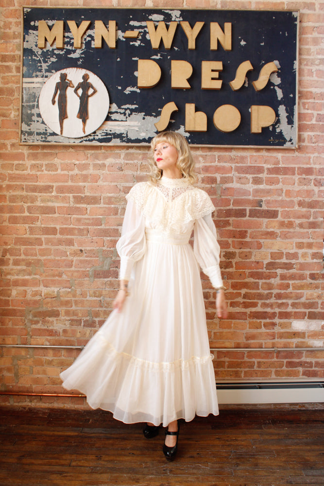 1970s Victorian Revival Candi Jones Ivory Gown - XXS