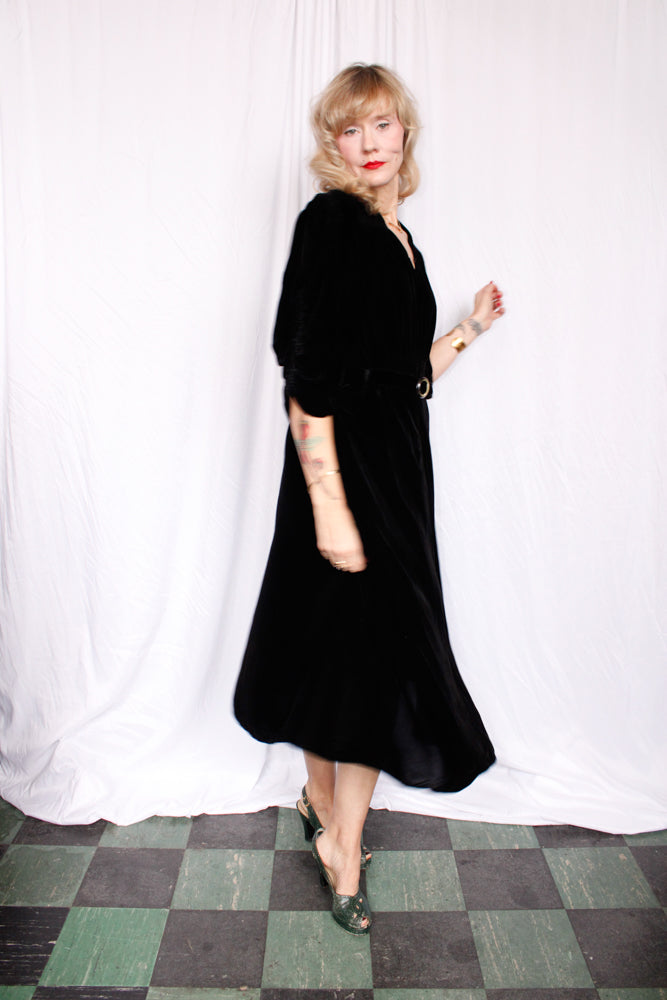 1930s Black Velvet Dress - XLarge