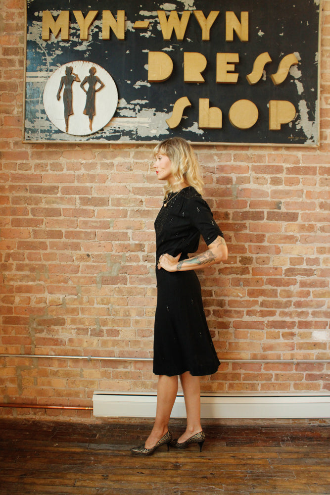 1940s Black Rayon Studded Dress - Medium