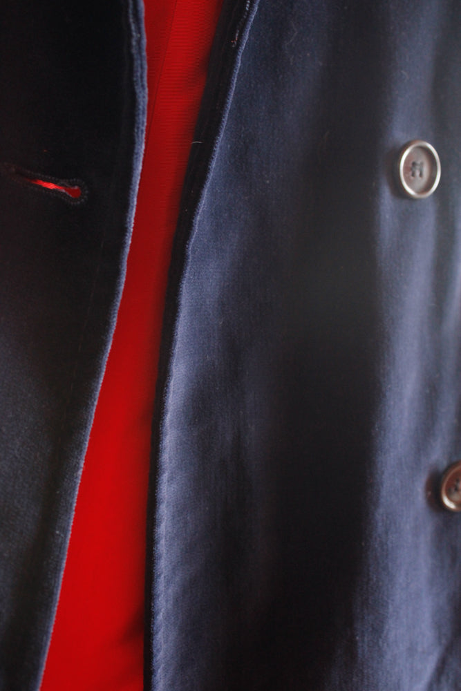 1970s Blue Hooded Cotton Velvet Coat - Medium