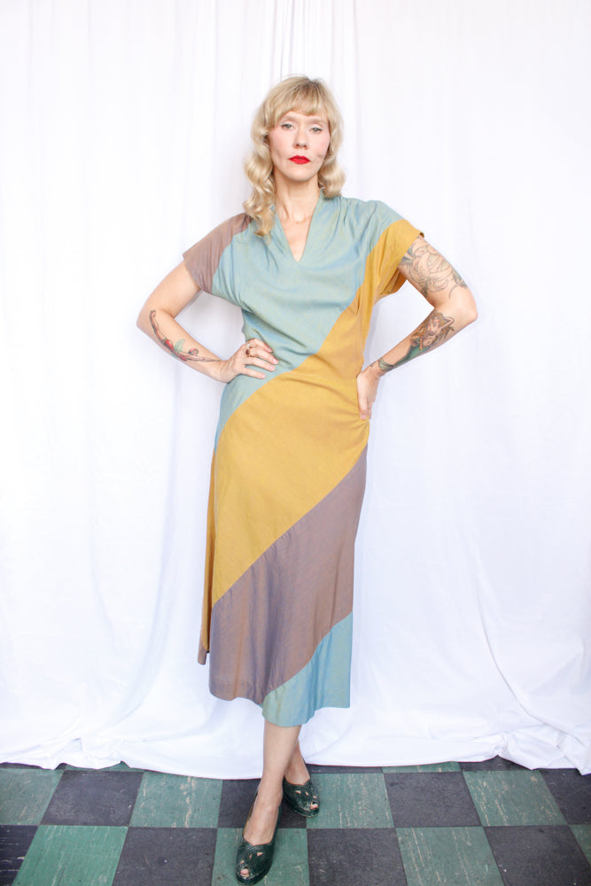 1940s Franklin Color-block Cotton Dress - Medium