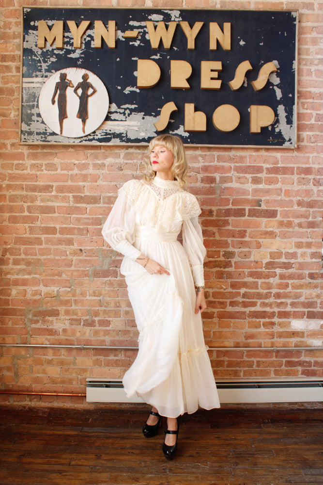 1970s Victorian Revival Candi Jones Ivory Gown - XXS