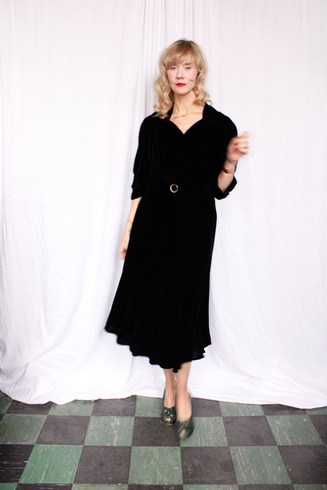 1930s Black Velvet Dress - XLarge