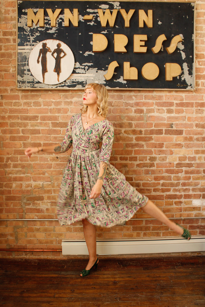 1950s Abstract Parisian Print Silk Dress - Small 