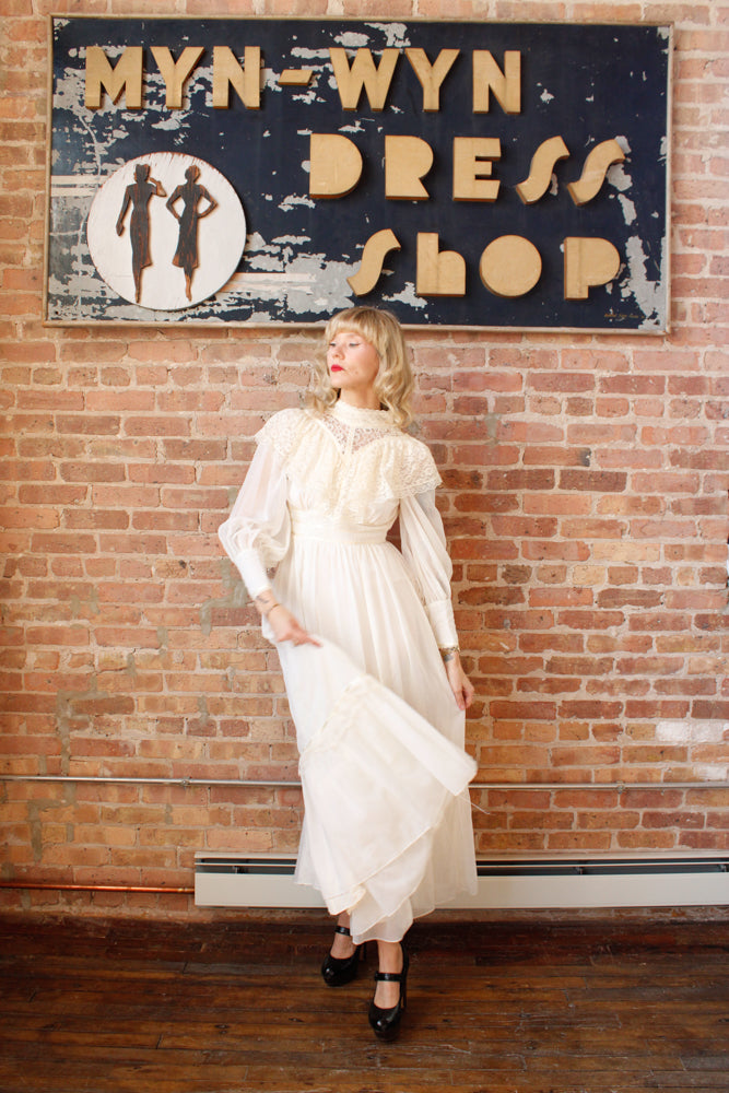 1970s Victorian Revival Candi Jones Ivory Gown - XXS