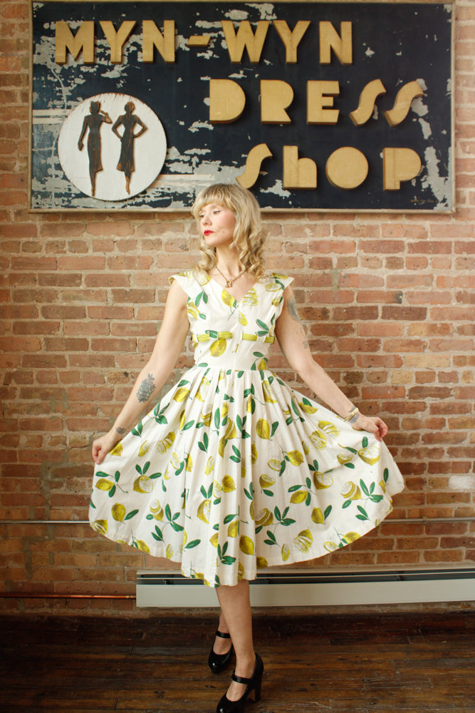 1950s Italian Getaway Lemon Print Dress - Small 