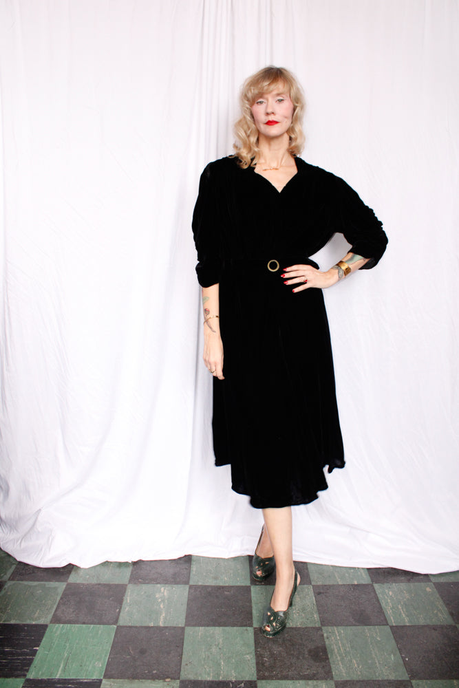 1930s Black Velvet Dress - XLarge