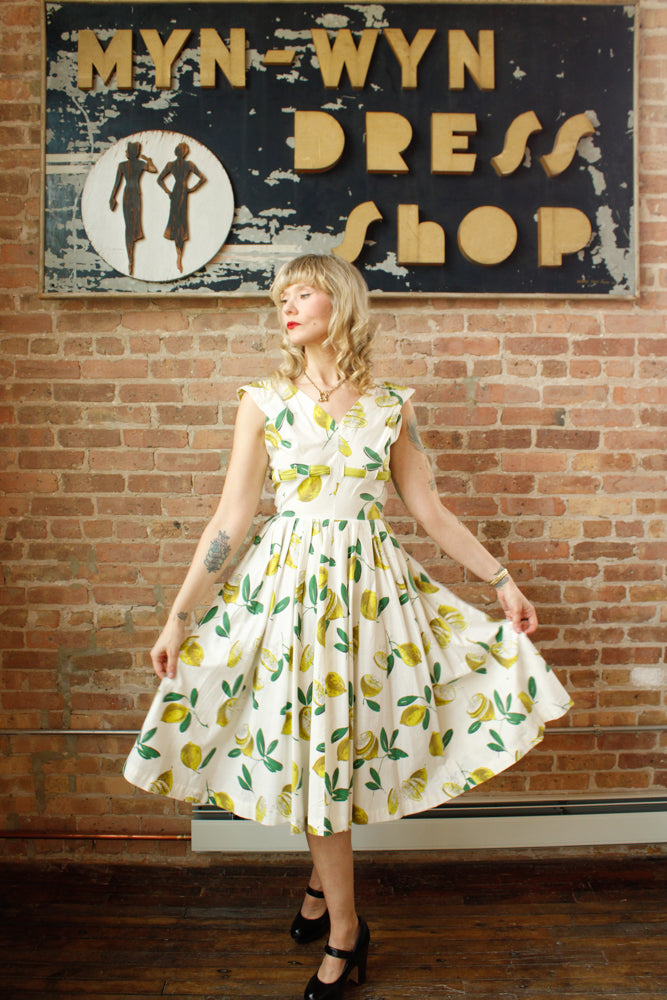 1950s Italian Getaway Lemon Print Dress - Small 