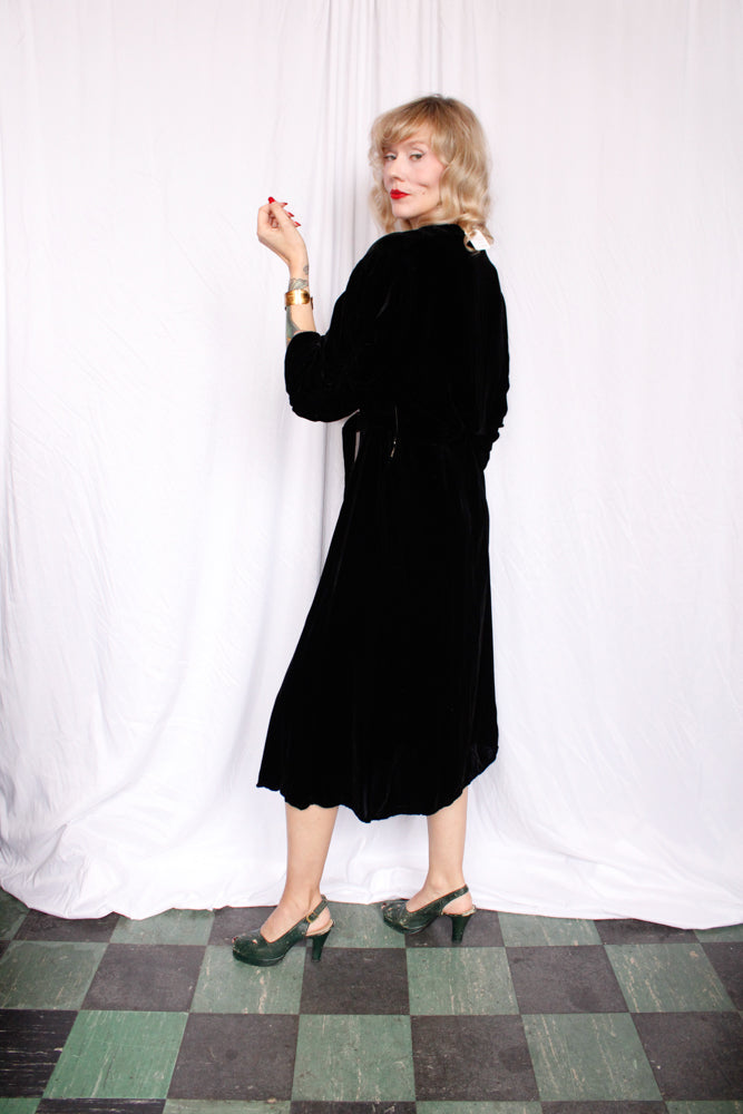 1930s Black Velvet Dress - XLarge