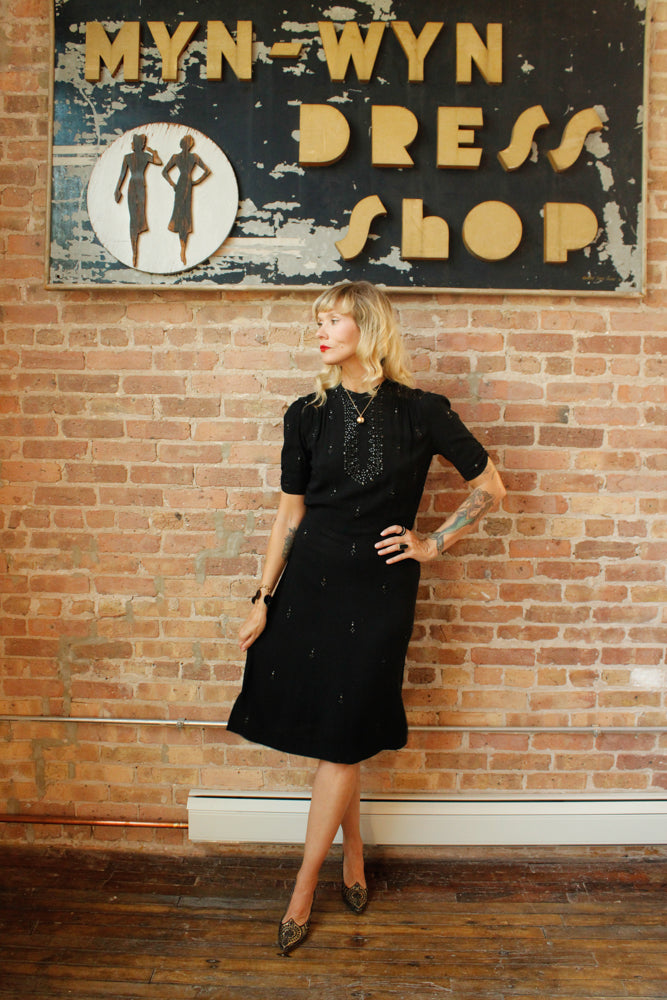 1940s Black Rayon Studded Dress - Medium