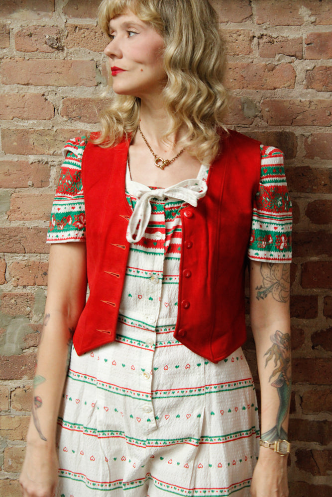 1930s Suede Leather Buckle Back Red Vest - S/M