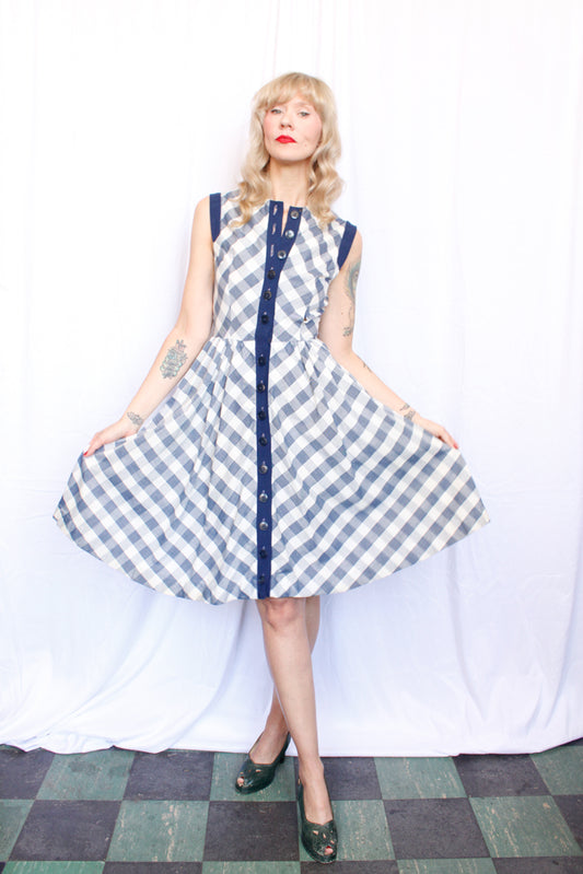 1950s Plaid Cotton Day Dress - Small