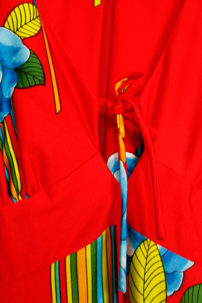 1970s Floral Tori Richards Red Jumpsuit - Medium
