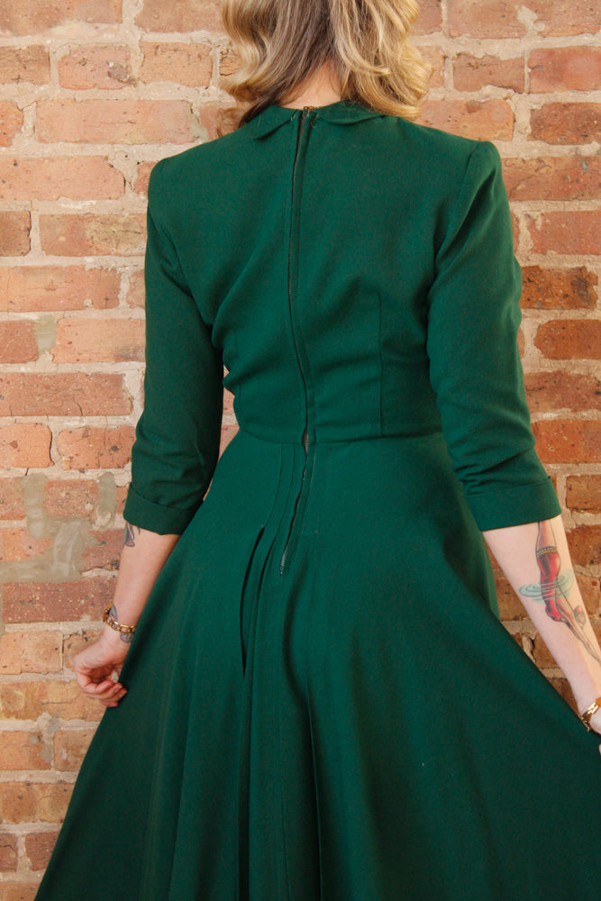 1940s Evergreen Wool Fit and Flare Dress - Small 