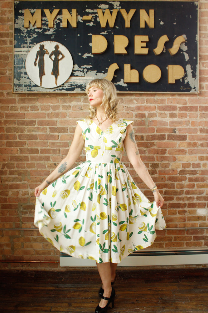 1950s Italian Getaway Lemon Print Dress - Small 
