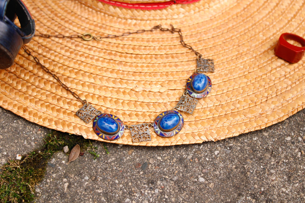 1940s Blue Stone & Enamel Deco Necklace