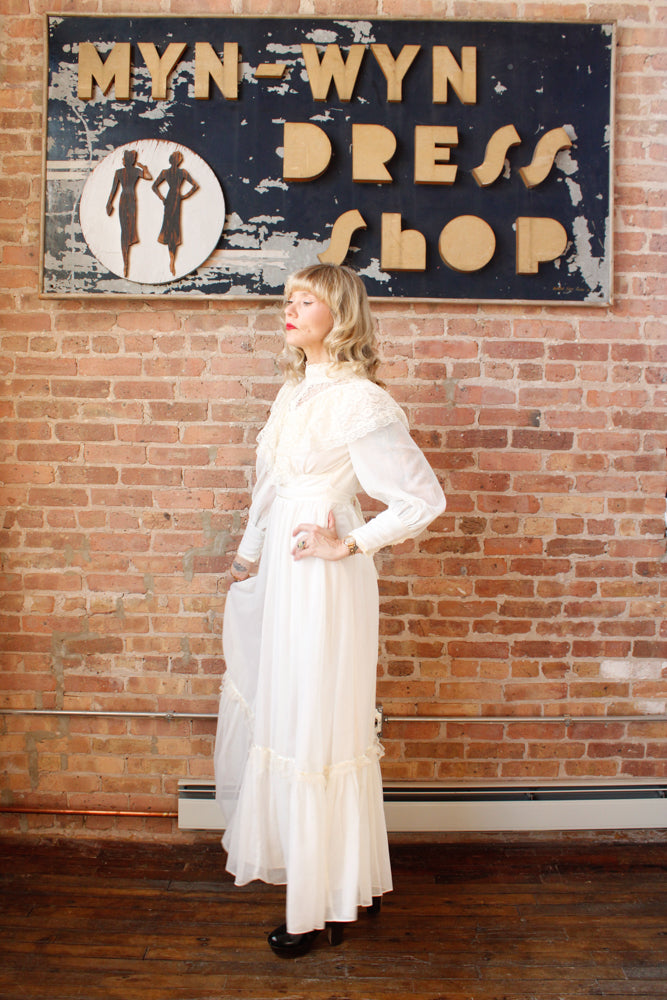 1970s Victorian Revival Candi Jones Ivory Gown - XXS