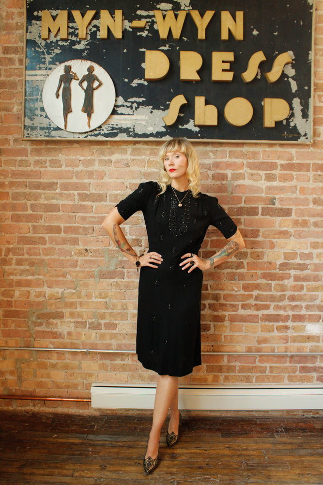 1940s Black Rayon Studded Dress - Medium