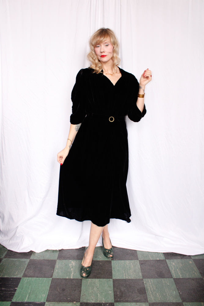 1930s Black Velvet Dress - XLarge