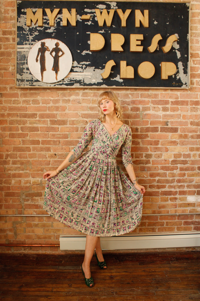 1950s Abstract Parisian Print Silk Dress - Small 