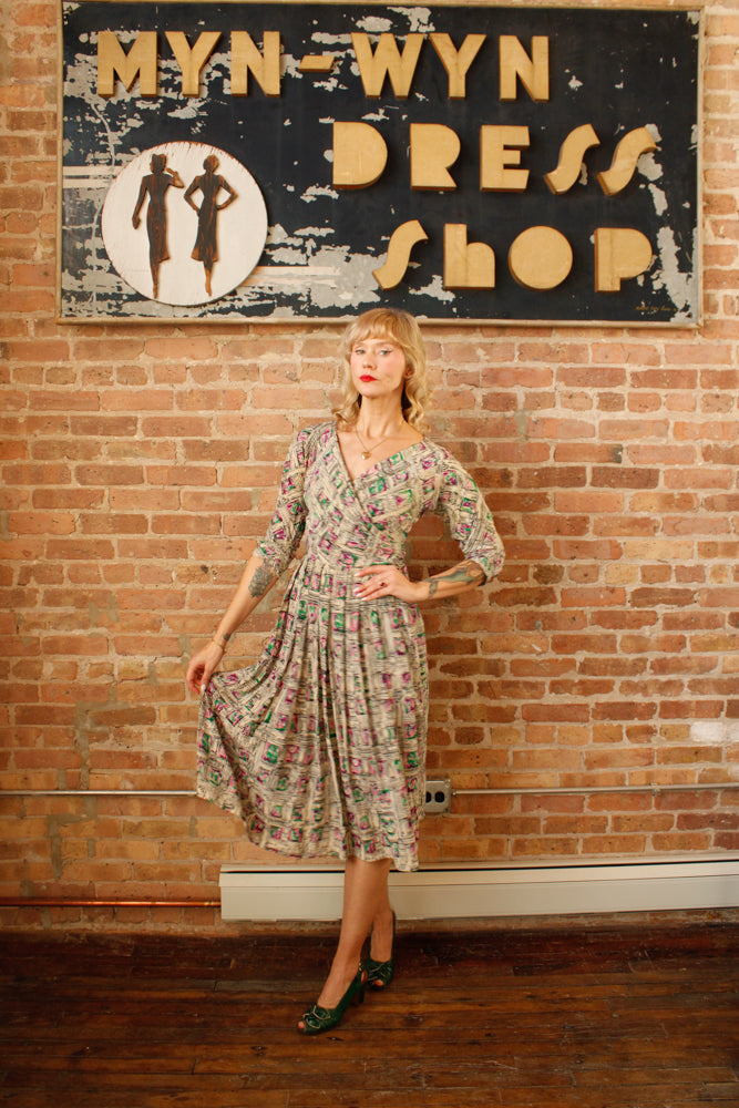 1950s Abstract Parisian Print Silk Dress - Small 