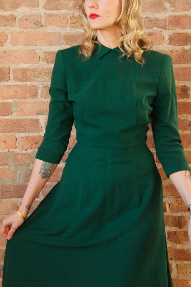 1940s Evergreen Wool Fit and Flare Dress - Small 