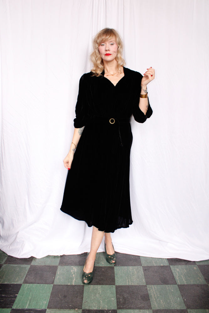 1930s Black Velvet Dress - XLarge