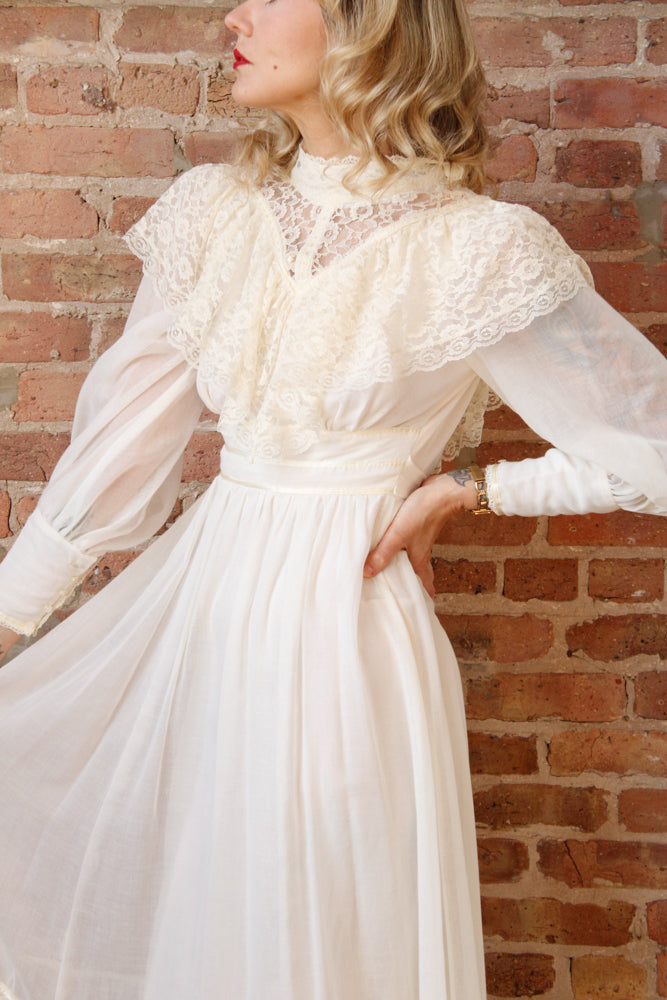 1970s Victorian Revival Candi Jones Ivory Gown - XXS