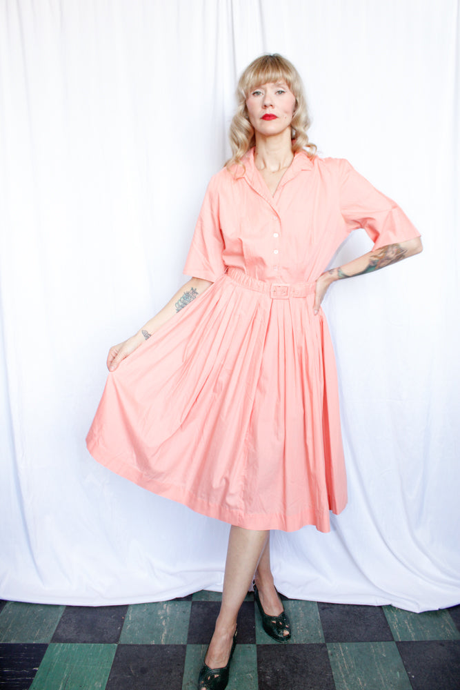 1950s Shirtwaist Coral Cotton Dress - Medium