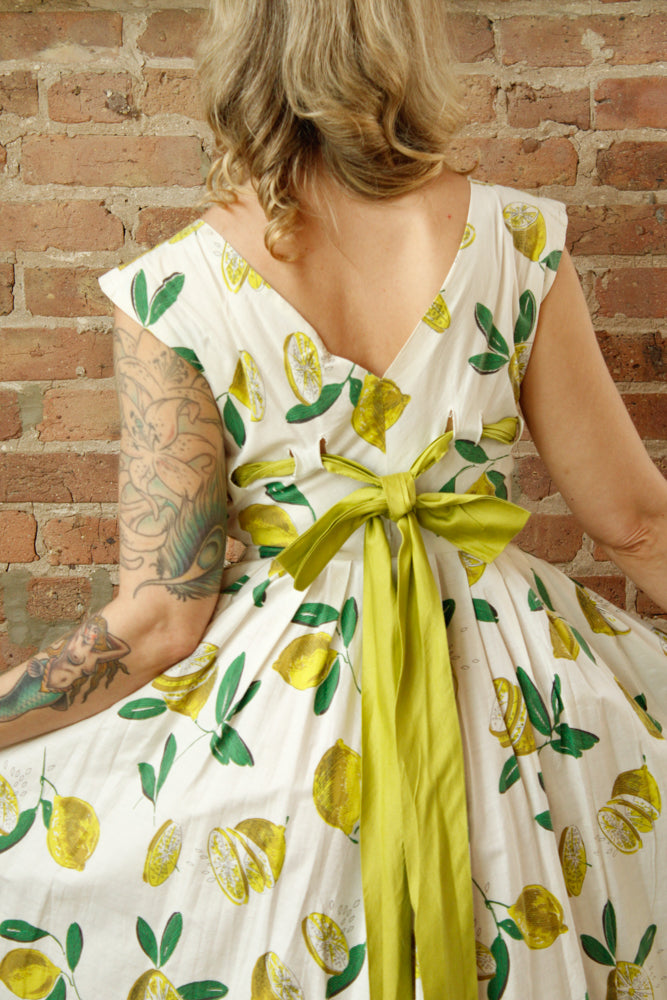 1950s Italian Getaway Lemon Print Dress - Small 