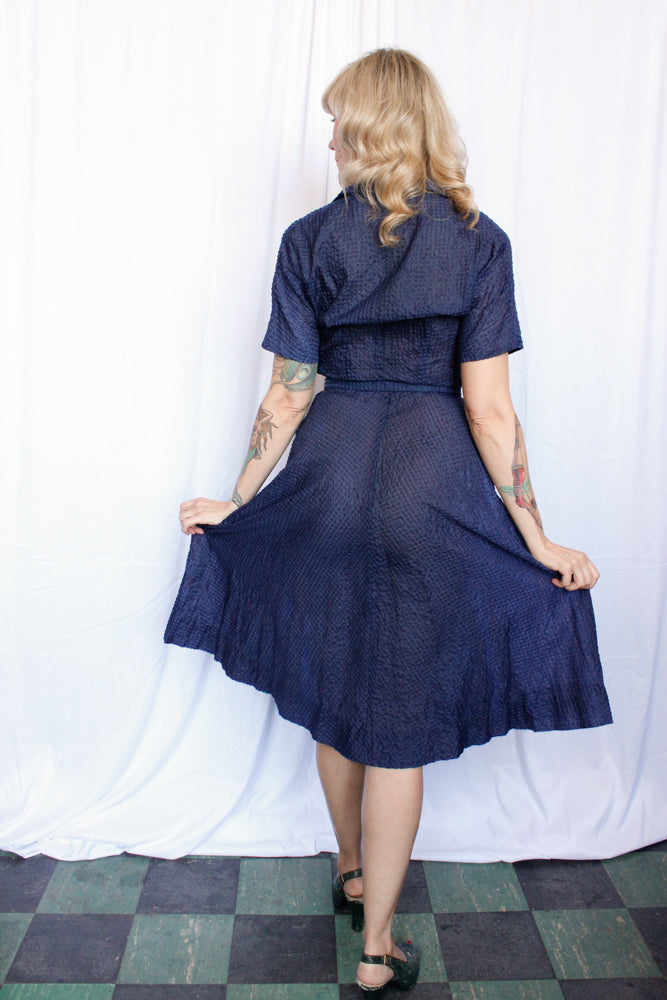 1950s Navy Puckered Nylon Shirt Waist Dress - Small