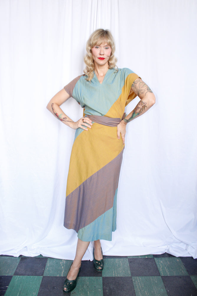 1940s Franklin Color-block Cotton Dress - Medium