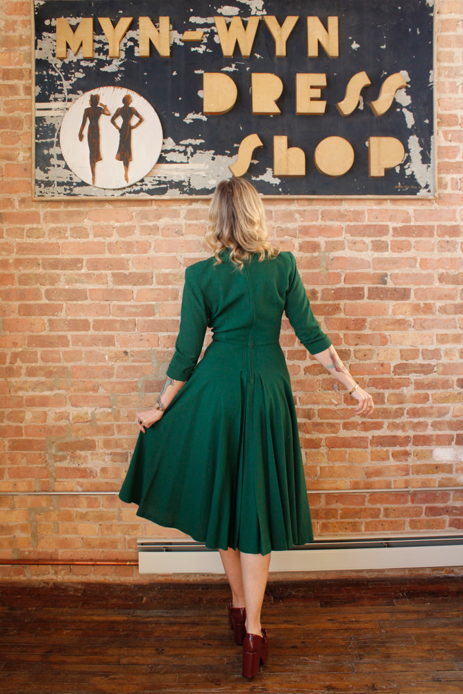 1940s Evergreen Wool Fit and Flare Dress - Small 
