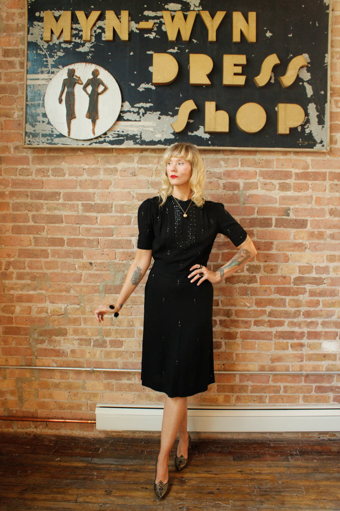1940s Black Rayon Studded Dress - Medium